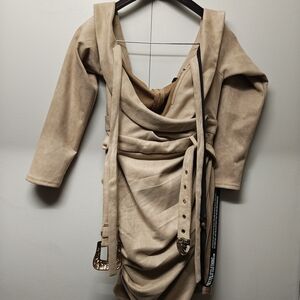 Elegant Tan Dress with Gold Accents